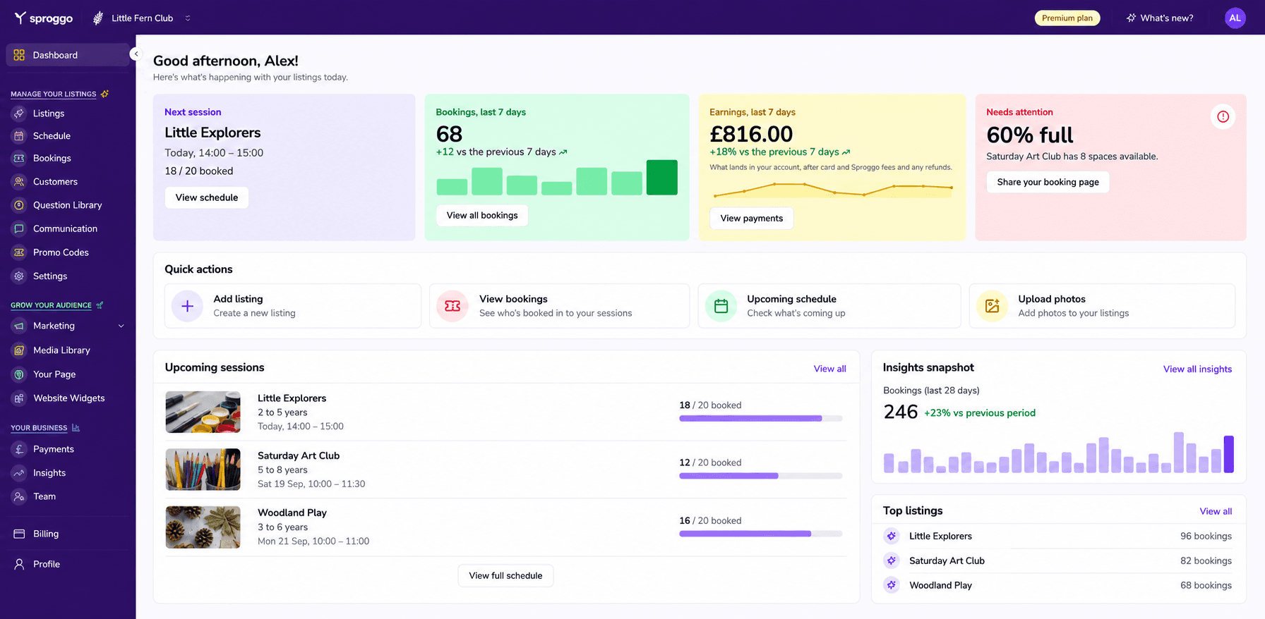 An illustrative Little Fern Club dashboard showing bookings, revenue and upcoming sessions for an active children's activity provider.